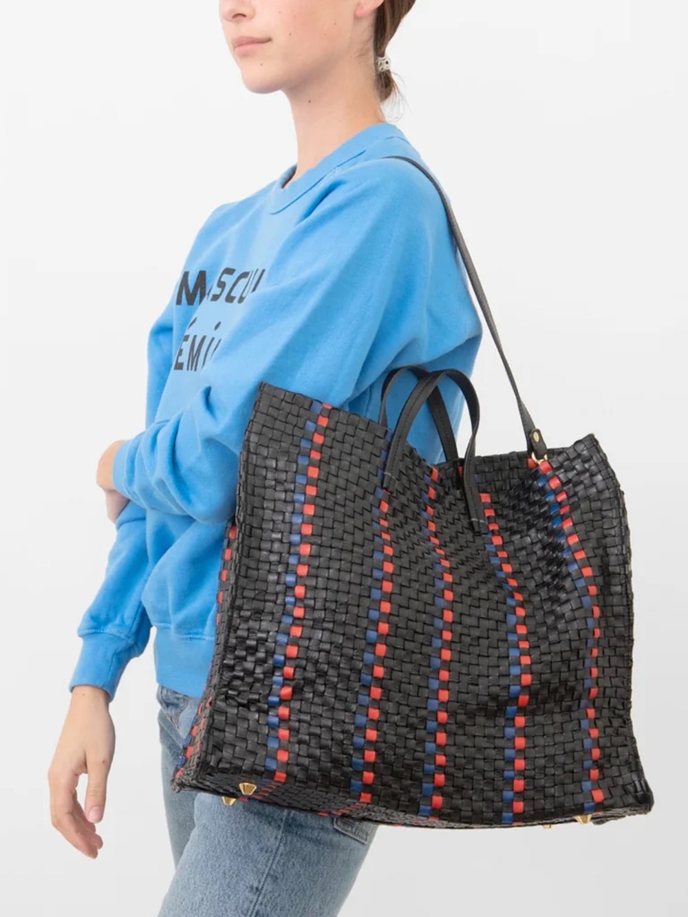 CLARE V. Woven Black Tote with Red and Navy Accent Stripes - Picture 8 of 12